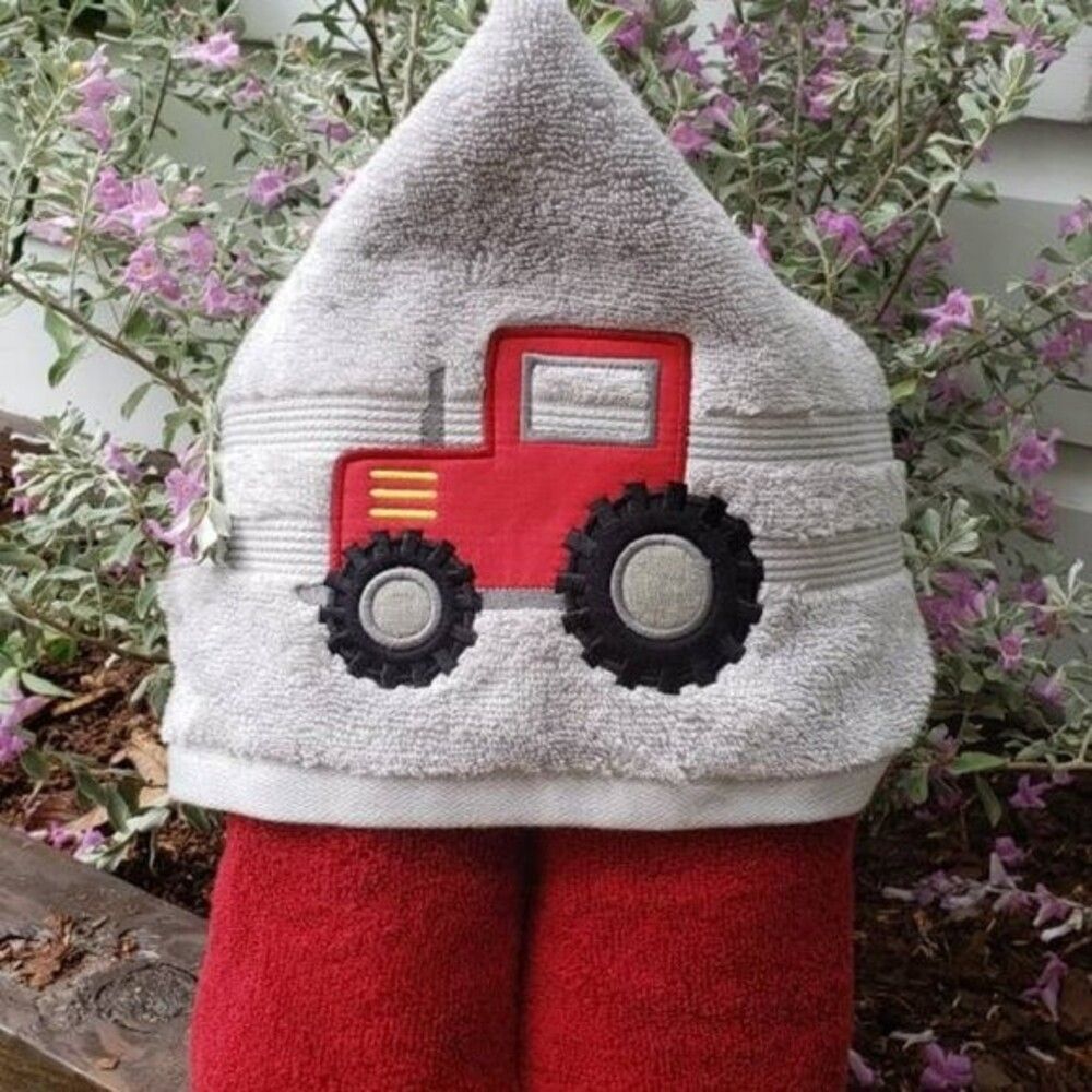 Red Tractor Embroidered Hooded Towel Applique' Beach Bath Pool